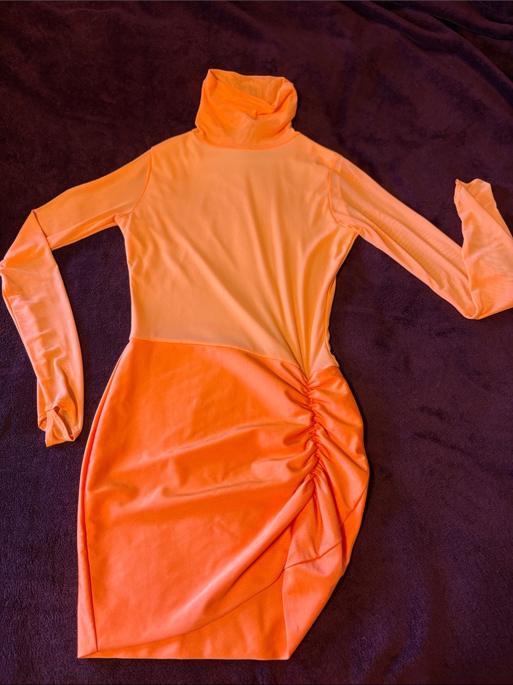 Hot Miami Styles Two-Tone Orange Ruched Turtleneck Bodycon Dress